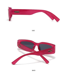 Side and back view of retro magenta sunglasses with black gold decorative temples