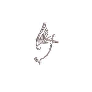 Elegant silver butterfly wing elf ear cuff with intricate hollow metal filigree design