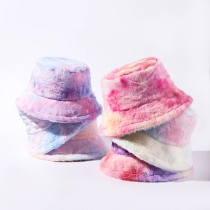 Colorful tie-dye plush bucket hat for winter featuring soft faux fur texture in vibrant shades