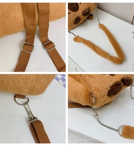 Detail of Capybara plush bag featuring silver chain, metal hooks and soft brown fur texture