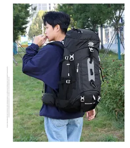 Close-up of 60L outdoor backpack showing padded shoulder straps and D-ring buckles