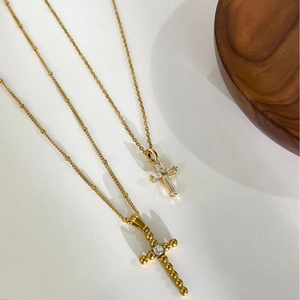 French style gold titanium steel cross necklace with cubic zirconia for women