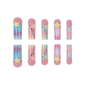 Rainbow press on nails with 3D stars and leopard print in pink gradient long round style