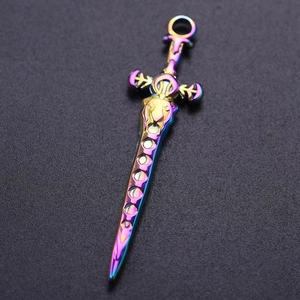 Macro detail of rainbow stainless steel sword pendant with intricate hilt and cutout blade