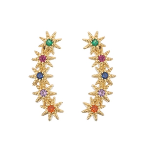 Gold star curved crawler earrings with vibrant colorful gemstones in a rainbow pattern