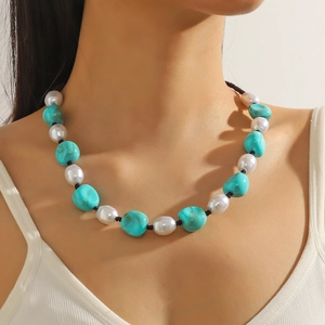 Bohemian pearl and turquoise beaded necklace for women with handmade ethnic summer style