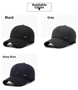 Three men's thermal winter baseball caps in black, grey, and navy blue wool fabric
