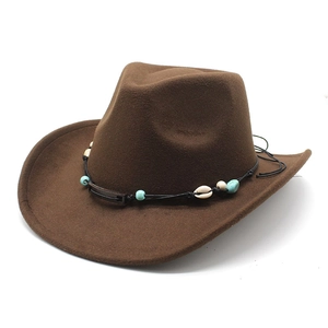 Western Cowboy Hat Woolen Felt Wide Brim Fedora With Bohemian Shell And Turquoise Beads Decoration For Unisex Outdoor Travel