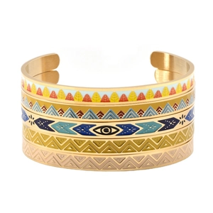Minimalist stack of colorful titanium steel bangles with diverse geometric patterns
