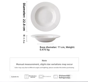 Detailed view of white ceramic pasta plate with dimensions and appliance compatibility