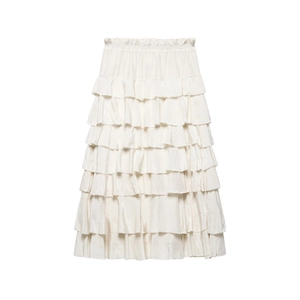 Women Layered Tiered Ruffle Skirt Elastic High Waist Long Cake Skirt Satin Texture Elegant Solid Color Creamy White