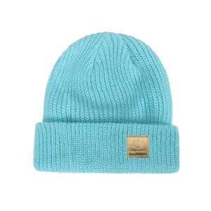 Detail of light blue ribbed knit baby beanie with a golden smiley face leather patch