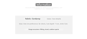 Detail chart of corduroy baseball cap with 56-60cm circumference and 11cm crown depth