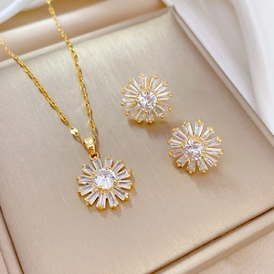Sunflower Jewelry Set Necklace And Earrings For Women Elegant Gold Plated Copper Titanium Steel With Silver Earring Post