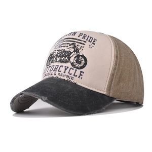 Close-up of vintage motorcycle service print on a distressed cotton baseball cap