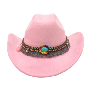 Pinkfarbener Western-Cowboyhut mit gewebtem Band, bunten Perlen und türkisem Stein im Detail