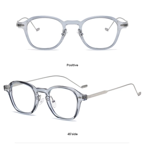 Front and 45-degree side views of transparent grey-blue eyewear frames with metal temples