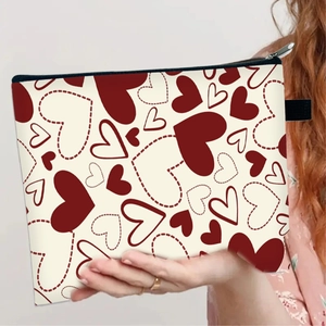 Heart Print Polyester Makeup Bag Portable Zipper Cosmetic Pouch Valentine's Day Gift Travel Storage Organizer For Women
