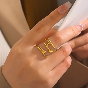 Irregular Hollow Ring Stainless Steel Gold Plated Liquid Metal Open Adjustable Hip Hop Fashion Jewelry For Women