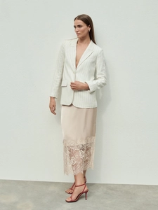 Chic satin midi skirt with lace hem detail and elegant stripe blazer outfit