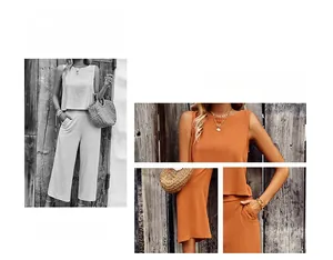 Detailed fabric texture of women's sleeveless top and wide leg pants two-piece set
