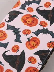 Halloween PU long wallet with spooky pumpkin bat and wizard hat prints on pink background