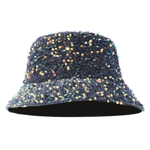 Colorful iridescent sequin bucket hat with reflective deep blue finish for sun protection