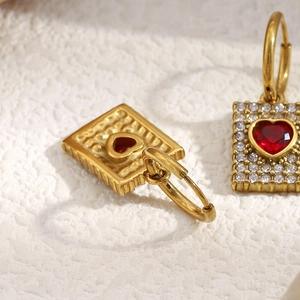 18K gold plated stainless steel square earrings with red heart stone and pavé zircon
