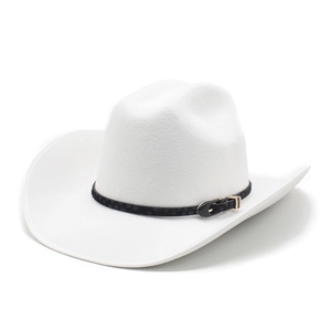 Detail of white felt cowboy hat featuring a black leather band and gold metal buckle