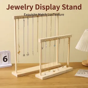 Wooden Necklace Jewelry Display Stand Multi Metal Hooks Desktop Organizer Holder For Pendants Bracelets Minimalist