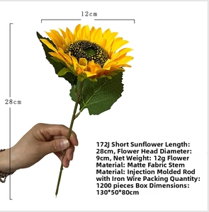 Detail of single yellow artificial sunflower showing 28cm stem length and 9cm flower head
