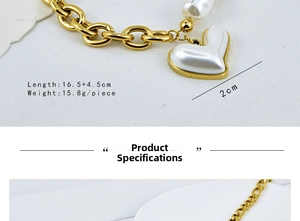 Detailed macro view of gold chain bracelet with white heart pendant and pearl detail
