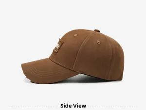 Close-up of vintage distressed brown baseball cap with OH embroidery and worn brim detail