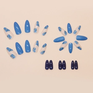 Blue almond fake nails set with floral patterns and glossy finish, 24 piece set
