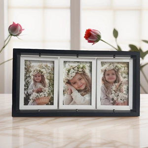 Three-frame rotating nordic wooden photo frame showing detailed black and white swivel design