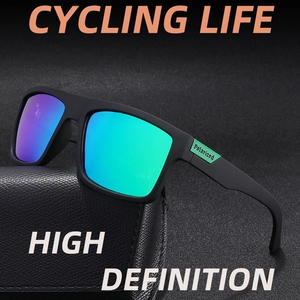 Polarized cycling sunglasses with matte black frame and colorful coated lenses on a case