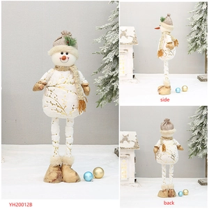 Three-view detail of retractable plush Christmas snowman with golden branch patterns