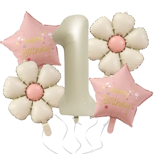 Detail of cream number one balloon with daisy and star balloons for birthday party decor
