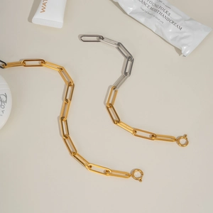 Detailed shot of two-tone gold and silver stainless steel paperclip chain necklaces