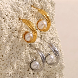 Fashion 18K gold and silver plated stainless steel earrings with wrapped pearls