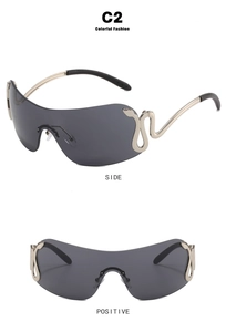 Detail view of grey Y2K wrap-around sunglasses with silver snake metal temple accent