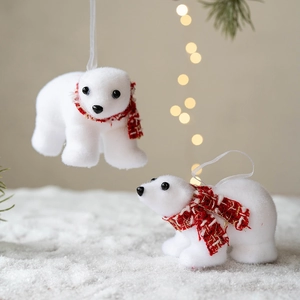 White Christmas Polar Bear Hanging Ornaments Flocking Foam Animal With Red Plaid Scarf For Holiday Tree Decor