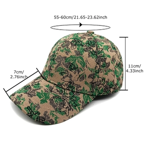 Jacquard baseball cap with leaf pattern and detailed size dimensions for outdoor sun protection