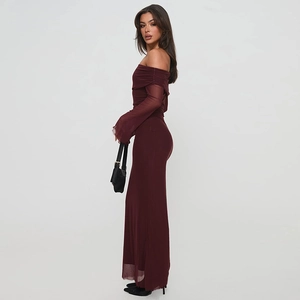 Detail of burgundy off-shoulder floor-length dress with sheer mesh sleeves and slim fit