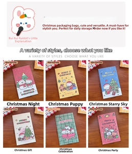 Detail view of colorful cartoon Christmas gift bags featuring snowman and trees