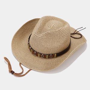Retro western straw cowboy hat with leather band and shells for beach sun protection