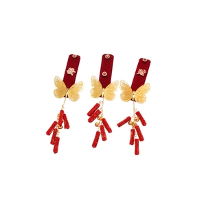 Three-piece red butterfly hair clips with velvet firecracker tassels and gold Chinese characters
