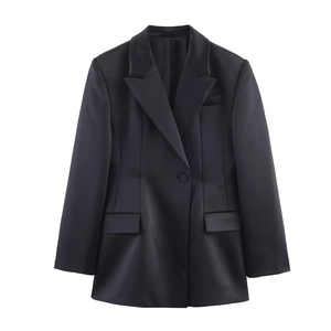 Women Blazer Jacket Long Sleeve Satin Finish Double Breasted Loose Fit Office Commute Elegant Outerwear Black