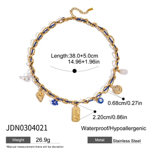 Detail view of bohemian chain necklace showing dimensions, waterproof and hypoallergenic features