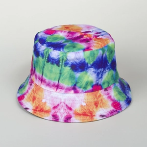 Detailed close-up showing vibrant tie-dye pattern and stitching of this bucket hat